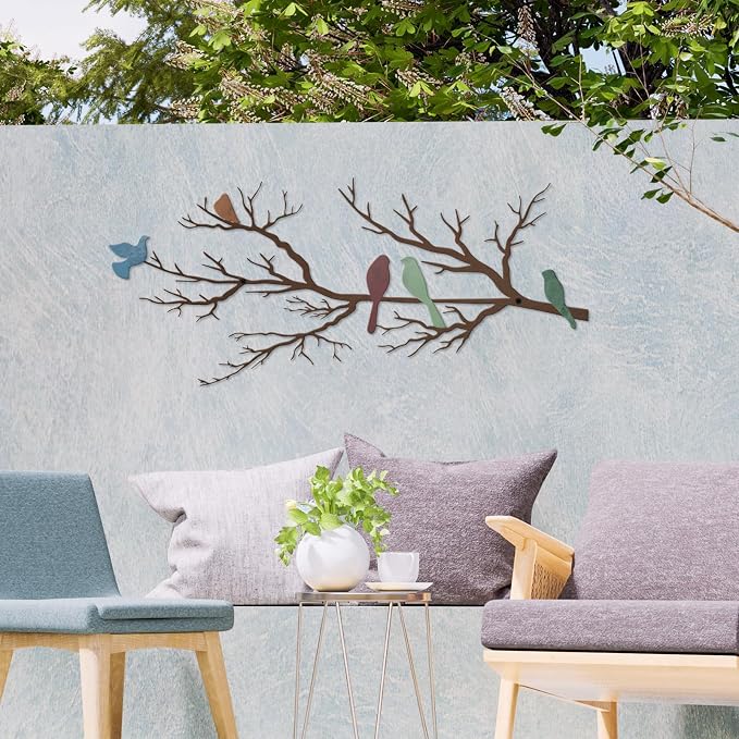 ESTART Metal Birds Wall Art, Metal Vivid Birds on Branch Silhouette Wall Decor Leaves with Bird Outdoor Hanging Wall Sculpture for Living room Bedroom Balcony Garden (Colorful, Large)