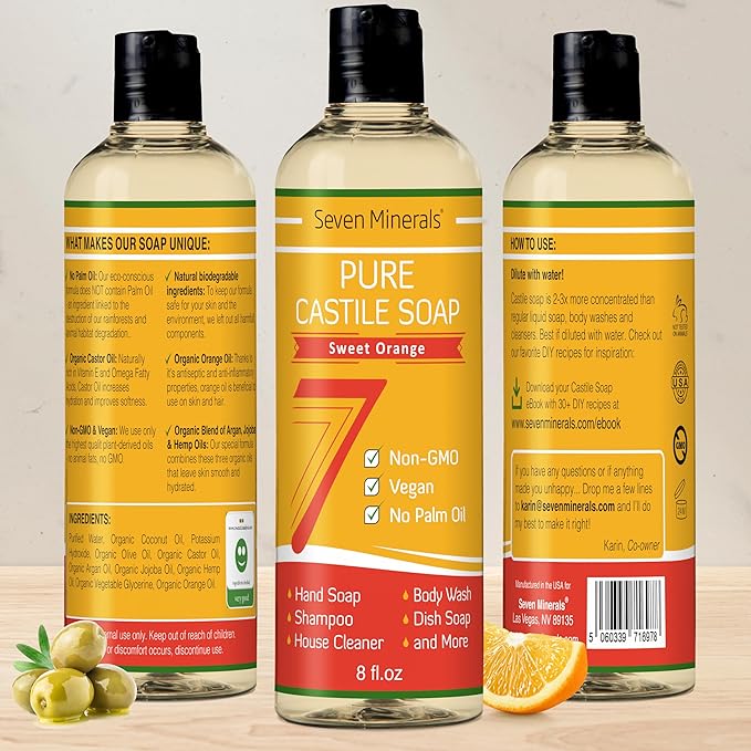 Seven Minerals Pure Castile Soap, Sweet Orange 8oz - No Palm Oil, GMO-Free - Gentle Liquid Soap For Sensitive Skin & Baby Wash - All Natural Vegan Formula with Organic Carrier Oils
