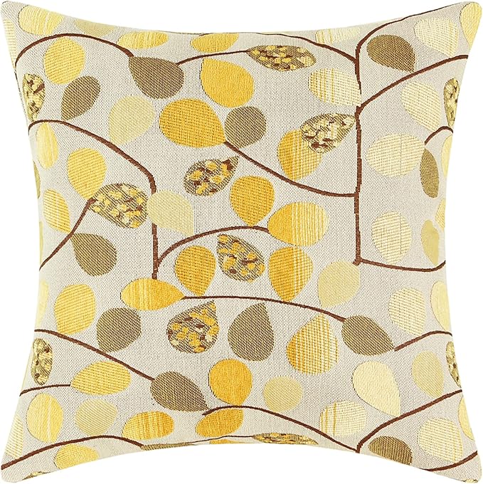 CaliTime Decorative Throw Pillow Covers 18 X 18 Inches Ecru Gold | Luxury Chenille Cute Leaves Cushion Case Shell for Couch Sofa Bed Living Room Home