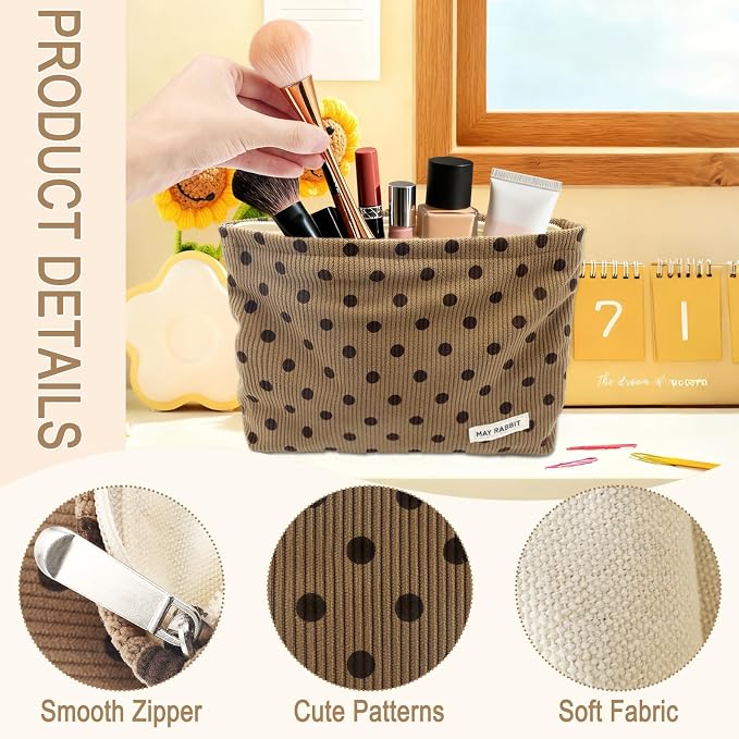 ZLFSRQ Corduroy Makeup Bag for Women Girls Cute Polka Dot Cosmetic Bag for Purse Large Capacity Trendy Zipper Makeup Pouch Toiletry Pouch Aesthetic Skincare Make Up Essentials Organizer Bags (Brown)