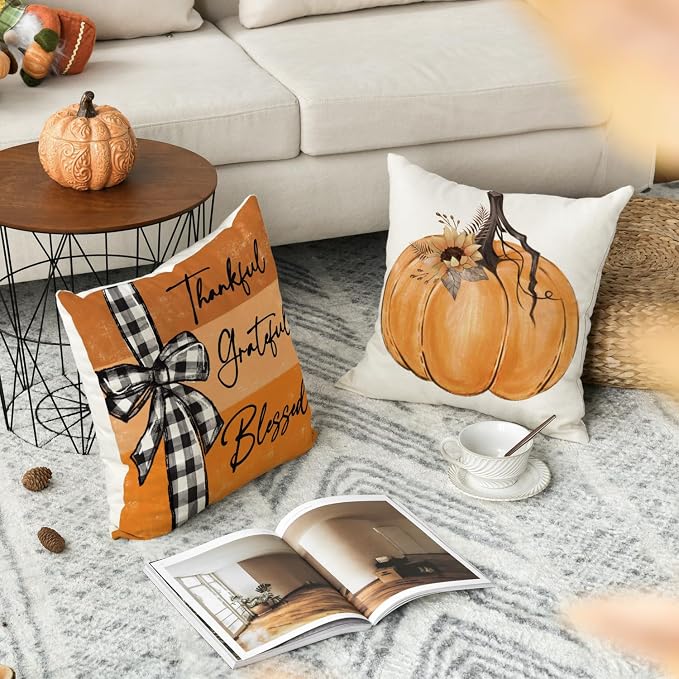 AVOIN colorlife Fall Pumpkin Home Sweet Home Throw Pillow Covers, 18 x 18 Inch Autumn Thankful Grateful Blessed Harvest Floral Orange Decorations for Sofa Couch Set of 4