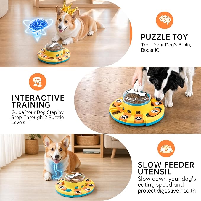 Dog Puzzle Toy 2 Levels, Slow Feeder, Pup Food Treat Feeding Dispenser for IQ Training and Entertainment for All Breeds,Blue with Pattern