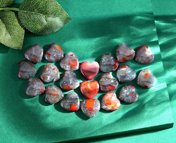 QINJIEJIE 20PCS African Bloodstone Heart Stones Crystals Bulk Love Shaped Worry Stone Heart Rock Pocket Polished Palm Gems Crystal Reiki Balancing Wholesale Carved Stone Decor Gift