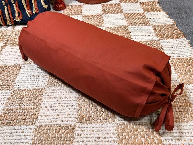 Cylindrical Pillow Bolster Cover Cervical Neck Roll Cotton Pillowcase with Drawstring Closure Neck Cushion Cover 6" x 18" (15 x 45 cm) Rust