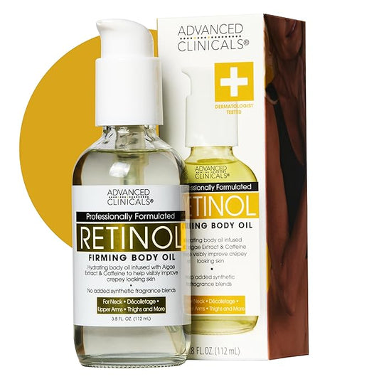 Advanced Clinicals Retinol Body Firming Oil | Retinol Body Oil After Shower Moisturizer Targets Look Of Crepey Skin & Wrinkles | Infused With Caffeine, Algae, & Vitamin E, Fragrance Free, 3.8 Fl Oz