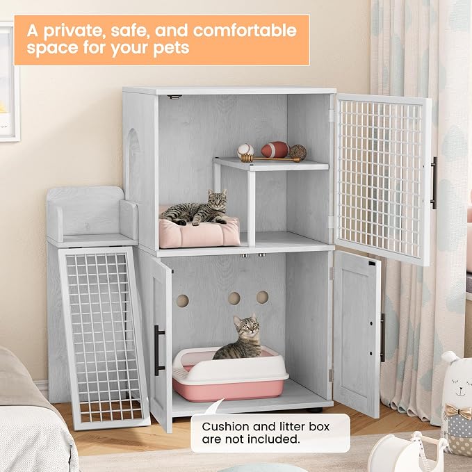 IDEALHOUSE Cat Litter Box Enclosure with Double Layer, White | Double Layer Cat Litter Box Furniture with Ladder, Creates a Private Cat Space While Keeping Living Rooms Clean and Organized