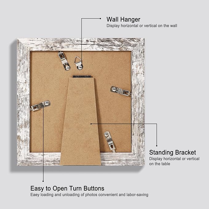 Hongkee 6x6 Picture Frame Set of 4, Made of Glass and Distressed White Wooden Frame - Display Picture 4x4 with Mat or 6 x 6 Without Mat, 6x6 Photo for Wall or Tabletop