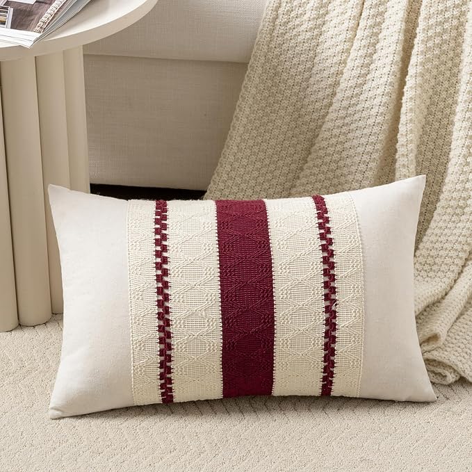 Fancy Homi Set of 1 Burgundy Boho Long Lumbar Decorative Throw Pillow Cover 16x24 Inch for Couch Bed Sofa, Aesthetic Modern Farmhouse Christmas Room Decor, Soft Cotton Cute Wind Red Cushion Case