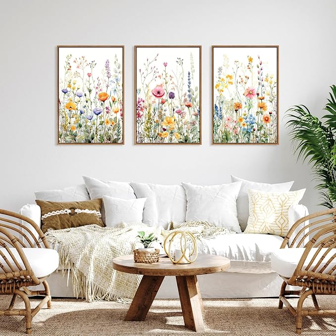 FWIEXA Wildflower Pictures Wall Decor, 3 Piece Floral Canvas Wall Art Set, Framed Watercolor Flower Painting, Colorful Botanical Artwork, 16x24 Inches Poster for Living Room, Bedroom, Nursery, Home