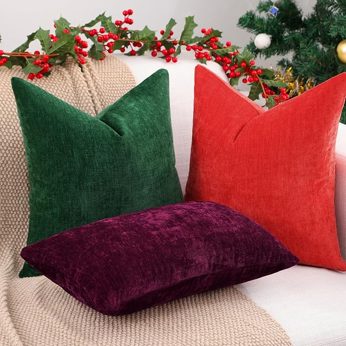 decorUhome Soft Chenille Christmas Green Throw Pillow Covers 18X18 Set of 2 | Decorative Fall Couch Pillow Covers Solid Dyed Accent Modern Farmhouse Neutral Square Pillow Cases for Sofa