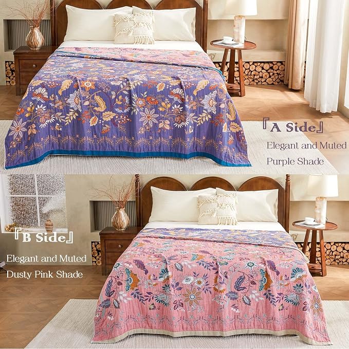XIBLC Boho Blanket, 100% Cotton Farmhouse Decorative Throw Blanket, 80"x90" Reversible Bohemian Throw Blanket, Purple All Season Muslin Breathable Woven Blankets Quilt