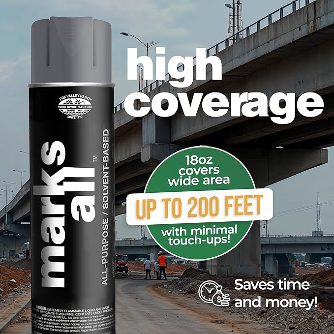 Fox Valley 18oz Marks All Solvent-Based Marking Paint Spray, 12-Pack Aluminum – Long-Lasting, Weather-Resistant Spray Paint for Wet or Dry Surfaces Like Metal, Grass, Concrete, Wood, & More