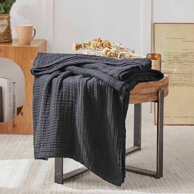 EMME Muslin Blankets for Adults Throw Blanket for Couch Breathable Gauze Soft Lightweight Airy Black Queen 90" x 90"