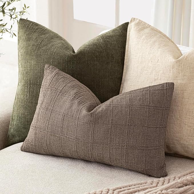 Foindtower Set of 2 Decorative Linen Check Throw Pillow Covers Neutral Farmhouse Lumbar Cushion Covers Modern Boho Home Decor for Sofa Chair Couch Bedroom Living Room,12×24 Inch,Taupe Grey