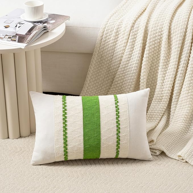 Fancy Homi Set of 2 Boho Lime Green Lumbar Decorative Throw Pillow Cover 12x20 Inch for Couch Bed Sofa Chair, Modern Organic Farmhouse Home Decor, Soft Cotton Cute Accent Rectangle Cushion Case