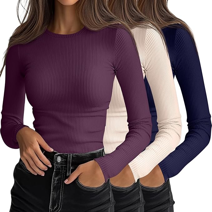 Ficerd 3 Pack Women's Ribbed Long Sleeve Tops, Crew Neck Slim Fit Undershirts Knit Basic Casual Stretch Layering Tee Shirts