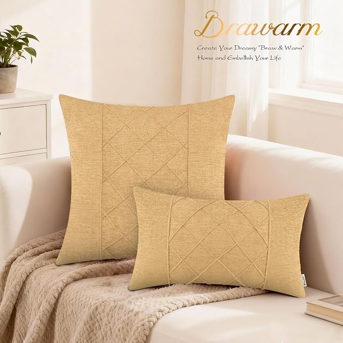 BRAWARM Chenille Throw Pillow Covers 16x16 Inches, Gold, 2 Pack | Decorative Pleated Pillow Covers, Soft Cushion Cases for Sofa Bed Living Room Home Farmhouse (No Insert)