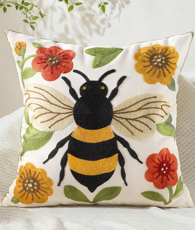 Animal Embroidered Throw Pillow Cover 20x20 Inch, Bee Floral | Decorative Pillow Cover, Farmhouse Cushion Cases with Hidden Zipper, Cottagecore Decor for Couch, Sofa, Living Room