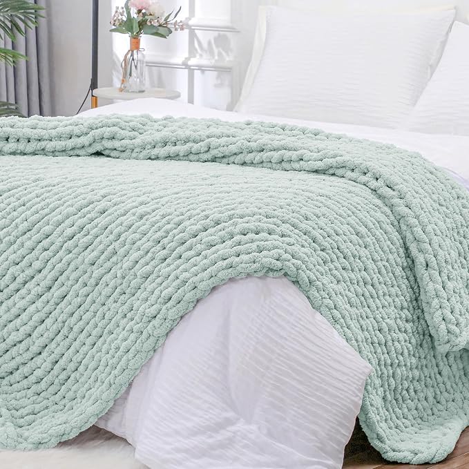 Bigacogo Chunky Knit Throw Blanket for Couch, 40x80 inches, Mint | Hand Knit with Jumbo Chenille, Soft Breathable Cable Knit for Sofa Bed Living Room, Machine Washable, Gift for Mom Friend