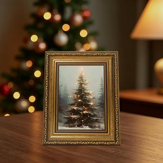 Fantasy Artists Christmas Framed Canvas Wall Art, Lighted Christmas Tree in Snowy Forest Gold Frame Print, Vintage Winter Holiday Decor for Living Room Bedroom Entryway, Ready to Hang, 8" Wx10 H