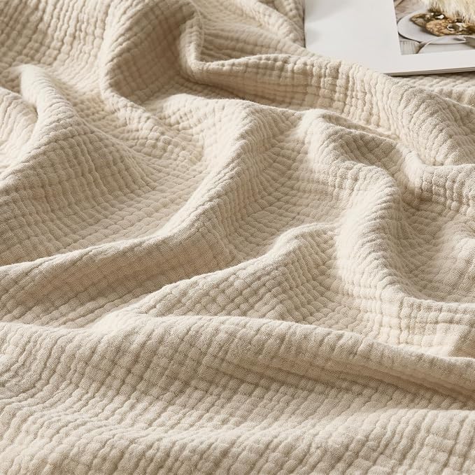 WDCOZY 100% Cotton Muslin Blanket King Size 4-Layer for Bed Breathable Lightweight Soft Large Boho Farmhouse Linen Tassels Ruffle Gauze Blankets All Season for Adults 108x90 Inches Beige Tan Neutral