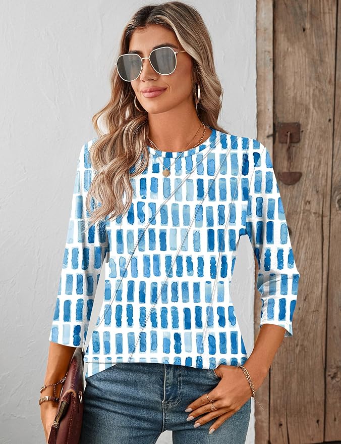 LOMON 3/4 Length Sleeve Womens Tops Spring Summer Fashion 2026 Tops Crew Neck Pleated Shirts Tunic Top Loose Fit