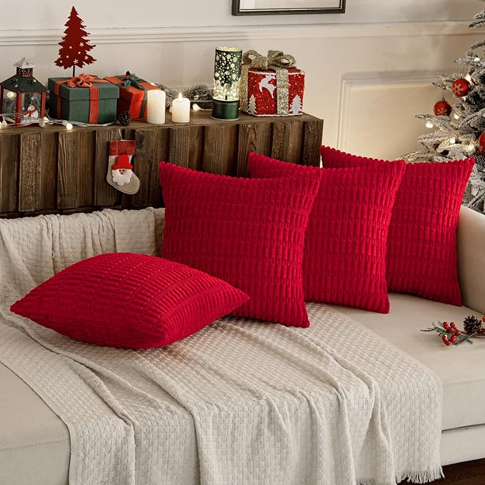 MIULEE Pack of 4 Christmas Decorative Throw Pillow Covers 20x20 Red | Neutral Rustic Farmhouse Boho Soft Striped Pillow Covers,Home Decor for Sofa,Living Room,Couch,Bed
