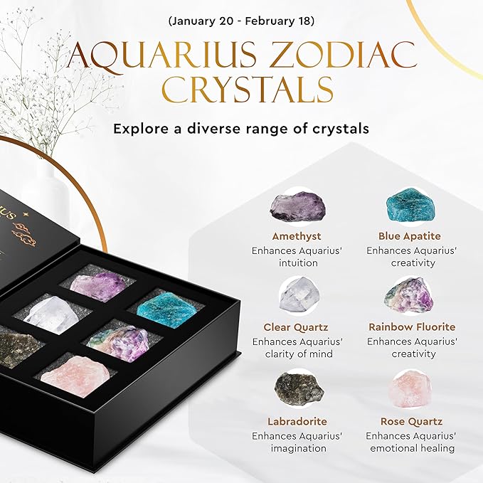 Wyspell Aquarius Crystal Set - 6 Raw Aquarius Crystals and Healing Stones - Aquarius Gifts for Women - Birthday Gifts for Women - Astrology Gifts for Women - Zodiac Crystal Set - Healing Gifts
