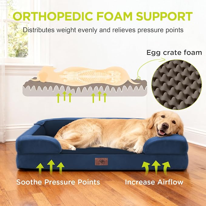 Waterproof Orthopedic Dog Bed for Extra Large Sized Dogs | Memory Foam Pet Bed Sofa with Bolster, Dog Couch with Washable Cover & Non-Slip Bottom, 42x30 Inch, Royal Blue