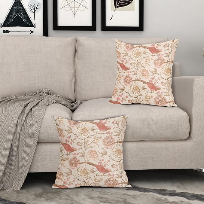 Pink White Roses Floral Pillow Covers 16X16 Inch Set of 2 Retro Flowers Birds Leaves Decorative Pillow Cases Art Vintage Cotton Linen Cushion Case Retro Home Decor for Sofa Couch Porch Outdoor