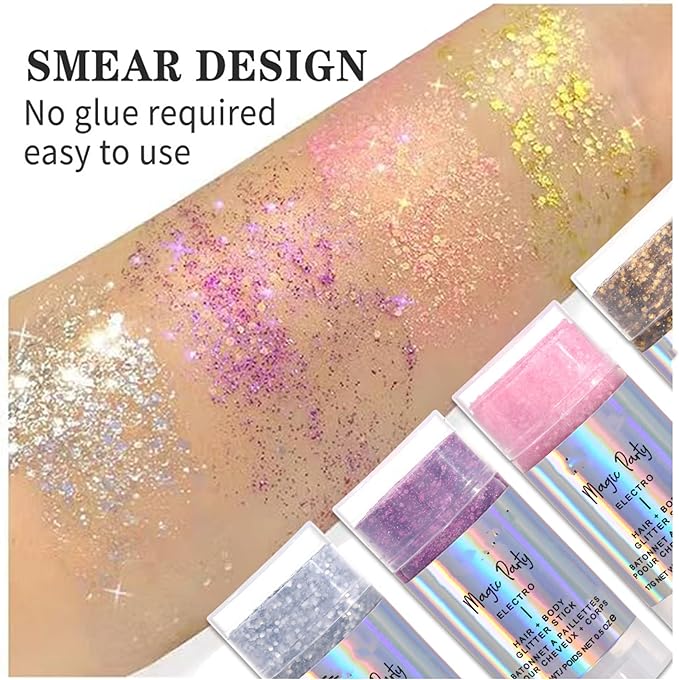 MAEPEOR Body Glitter Stick 6 Colors Holographic Mermaid Sequins Chunky Face Glitter Stick Singer Concerts or Music Festival Rave Body Makeup (Color 05)