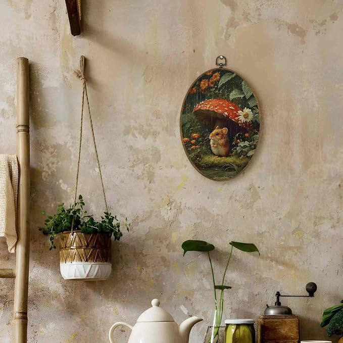 LKETW Vintage Whimsical Rat Mushroom Oval Wall Art Decor, Dark Cottagecore Oval Canvas Hanging Decor, Moody Botanical Rat Mushroom Wall Decorations for Home Room Living Room, 8.6x11.4 Inch