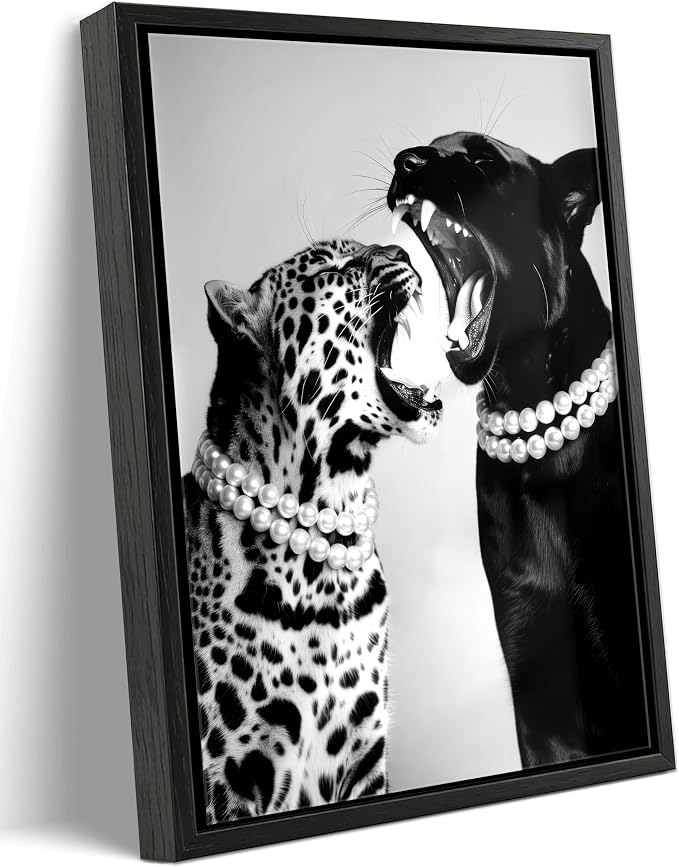 Framed Fashion Leopard Canvas Wall Art Trendy Black White Cheetah Picture Wall Decor Luxury Feminist Poster Print for Girls Bedroom Dorm Bar Cart Home Decoration 12x16in