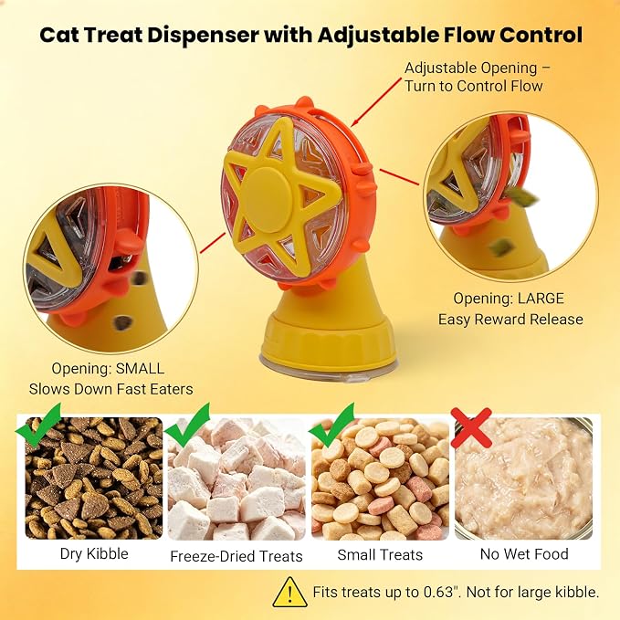 2 in 1 Ferris Wheel Interactive Cat Toy, Treat Dispenser Puzzle Feeder with Twist-Lock Suction Cup Base & Teaser Wand with Bells, Slow Feeder Enrichment Toy for Indoor Cat Boredom Relief