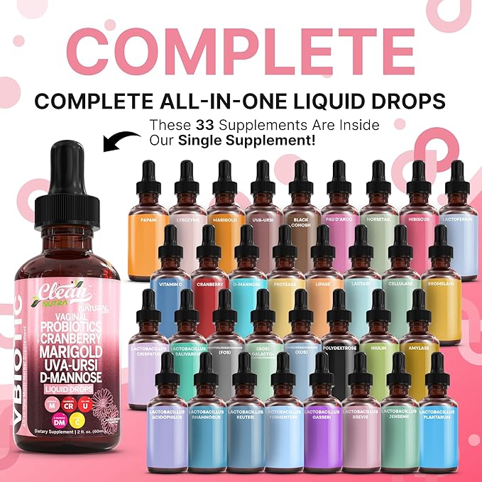 VBiotic Vaginal Probiotic for Women Liquid Drops | Womens Probiotics | Cranberry Uva Ursi Horsetail D-Mannose Prebiotics Marigold & Black Cohosh Vaginal Health Supplement | pH Balance | By Clean Nutra