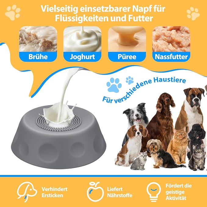 Slow Feeder Dog Bowls for Liquid Treat, Dog Lick Bowl for Anxiety Relief & Fast Eaters, Anti-Slip Ball-in Bone Broth, 5/6 Cup Pup Lick Toy for Peanut Butter Large Medium Small Pet Cats Gray
