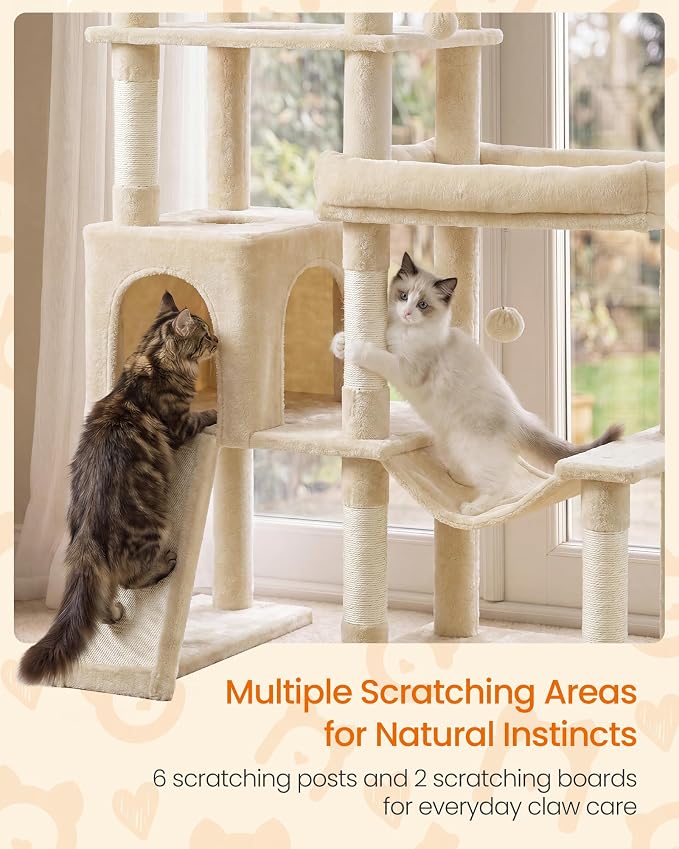 Feandrea Multi-Level Cat Tree for Large Cats, 79.5 inch Tall Cat Tower with 6 Resting Areas and Sisal Scratching Posts, 41.3 x 17.7 x 79.5 inch, Beige Clawfy Collection UPCT020Y101