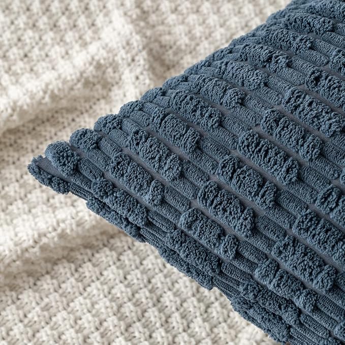 MIULEE Euro Sham Corduroy Decorative Throw Pillow Covers 24x24 Blue | Pack of 2 Soft Boho Striped Pillow Covers Modern Farmhouse Coastal Home Decor For Sofa Living Room Couch Bed