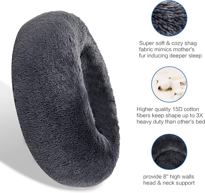 SAVFOX 36 inches Calming Donut Dog Bed - 3X Durable Plush Faux Fur, Machine Washable & Non-Slip, Fits up to 100 lbs, Dark Grey