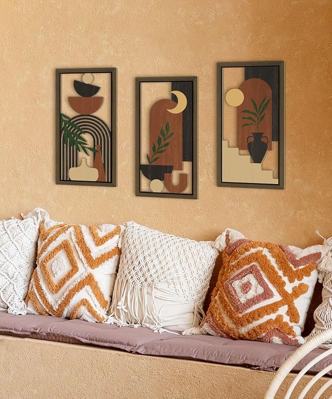 Putuo Decor Boho Wall Art Set of 3 Modern Minimalist Wooden Wall Decor Abstract Terracotta Room Decorations Mid Century Artwork for Living Room Bedroom Office in Terracotta Noir 16.5 x 8.6 Inch