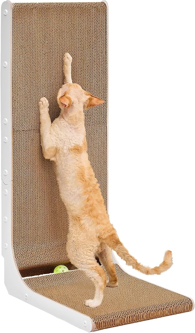 EHEYCIGA Cardboard Cat Scratcher for Indoor Cats, 32 Inch, White | L Shaped Scratching Post, Vertical Cat Scratching Board with Ball Cat Toy, Furniture Protector, Extra Large Cat Scratch Pad