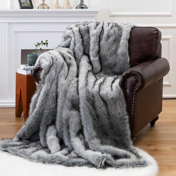 BATTILO HOME Grey Faux Fur Throw Blankets 60x80 in Luxury Decorative Fuzzy Warm Cozy Fake Fur Blanket for Bed Sofa Couch | Luxury Soft Cozy Plush Elegant Furry Fluffy Faux Fur Blanket for Couch, Sofa, Living Room, Long Pile with Black Tips
