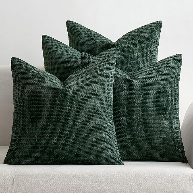 MIULEE Decorative Chenille Pillow Covers Christmas Green 18x18 Pack of 4 | Christmas Home Decor, All Same Green Color Set, Couch Throw Pillows, Farmhouse Boho Cushion Covers for Sofa Bed Living Room