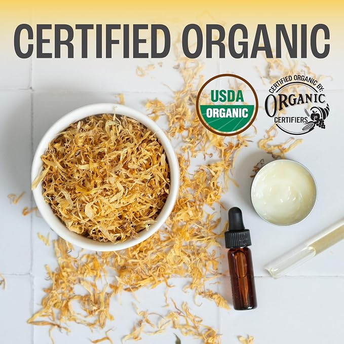 J Mac Botanicals, Organic Calendula Petals (4 oz) edible dried flowers, pairs well with rose petal for ice cubes, cooking, beverages, and bath bombs