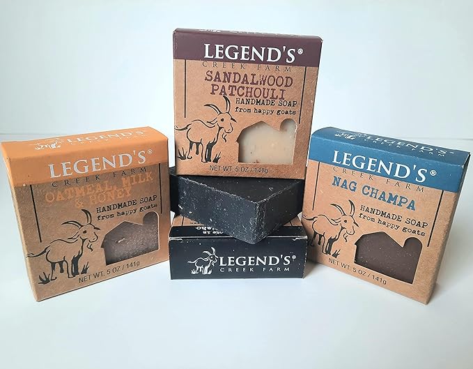 Legend's Creek Farm Goat Milk Soap - Cleansing Moisturizing Bar for Hands and Body - 5 Oz Natural Soap for Sensitive Skin (4-Pack: Patchouli, Oatmeal Milk & Honey, Black Pine Tar, Nag Champa)