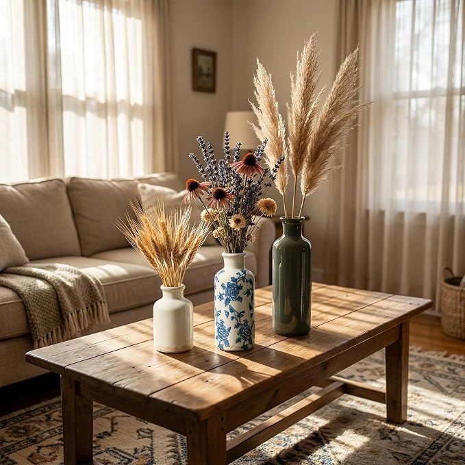 3Pcs Vintage Blue White Floral Ceramic Vase Set, Chinoiserie Farmhouse Decor Vases for Home Table Kitchen Living Room