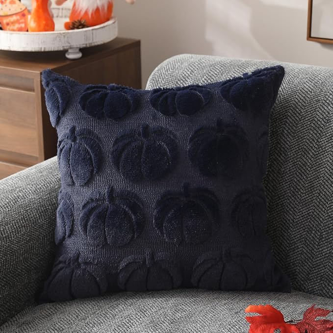DFXSZ Fall Pillow Covers 18x18 2Pcs Navy Blue Pumpkin Fall Decorations | Fall decor Set of 2 Throw Pillow Cases Soft Plush Faux Fur Wool Couch Cushion for Chair Sofa Bedroom Living Room Home Decor