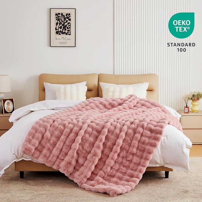 BENVWE Faux Fur Throw Blanket for Couch Bed - Fluffy Soft Thick Bubble Blanket for Living Room Home Decor - Mothers Day Birthday Gifts for Women, Dusty Pink, 63" x 80"