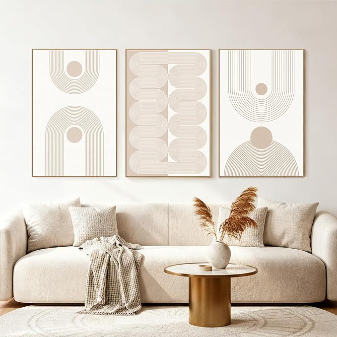 SAFERRYHOME Boho Neutral Abstract Beige Modern Wall Art Set of 3,16"x24" | Mid Century Neutral Framed Canvas Print Modern Wall Decor,Geometric Line Artwork for Living Room Bedroom Office,Ready to Hang