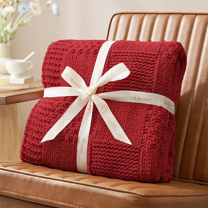 Knit Throw Blanket, Soft Chenille Cozy Breathable Checkered Chunky Decorative Blanket for Couch, Bed & Sofa, French-Inspired Lightweight Warm Gift for Women, Christmas Red, 50"x60"
